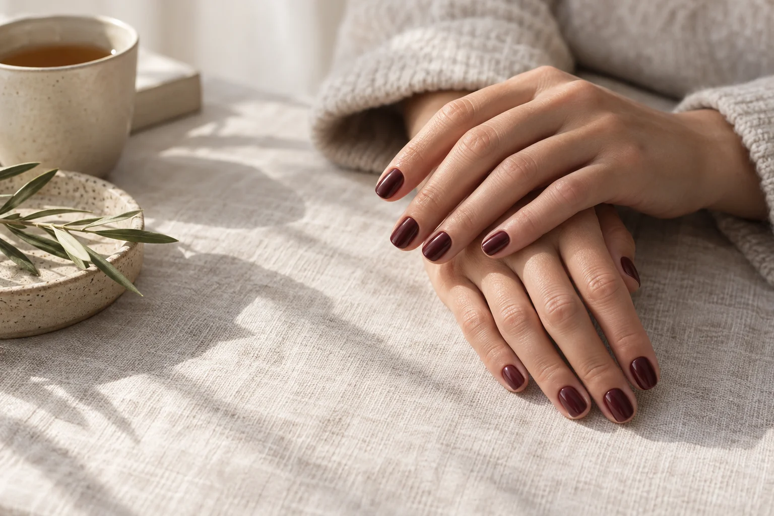 Illustration of relaxed hands with short burgundy nails on pale linen.