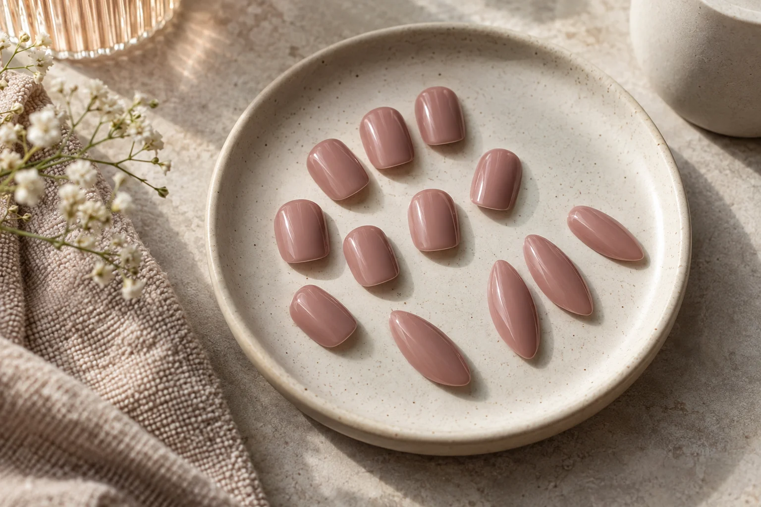 Illustration of nail display tips in short rounded and longer almond shapes.