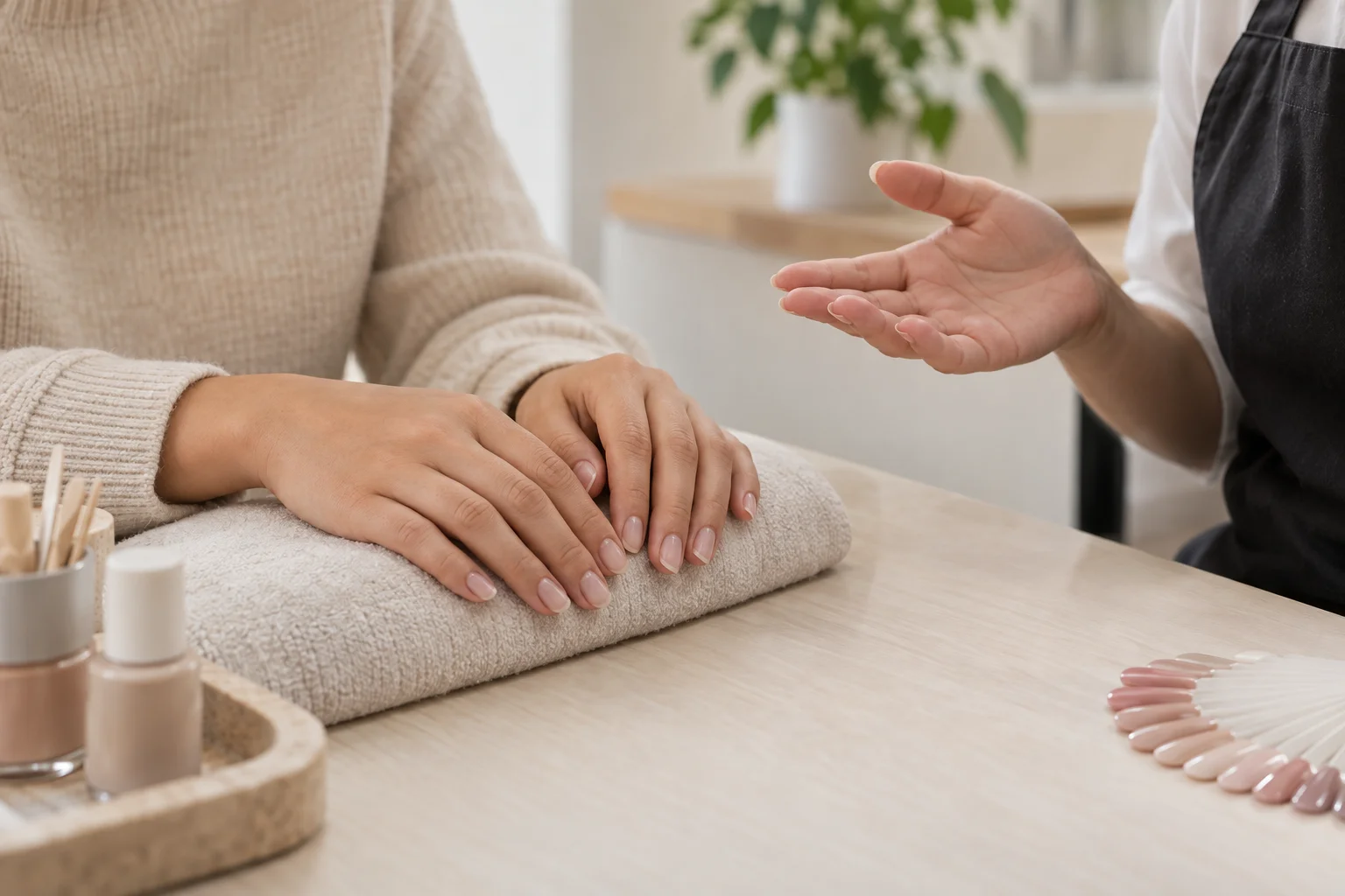 Illustration of a customer discussing existing nail product with a nail professional.