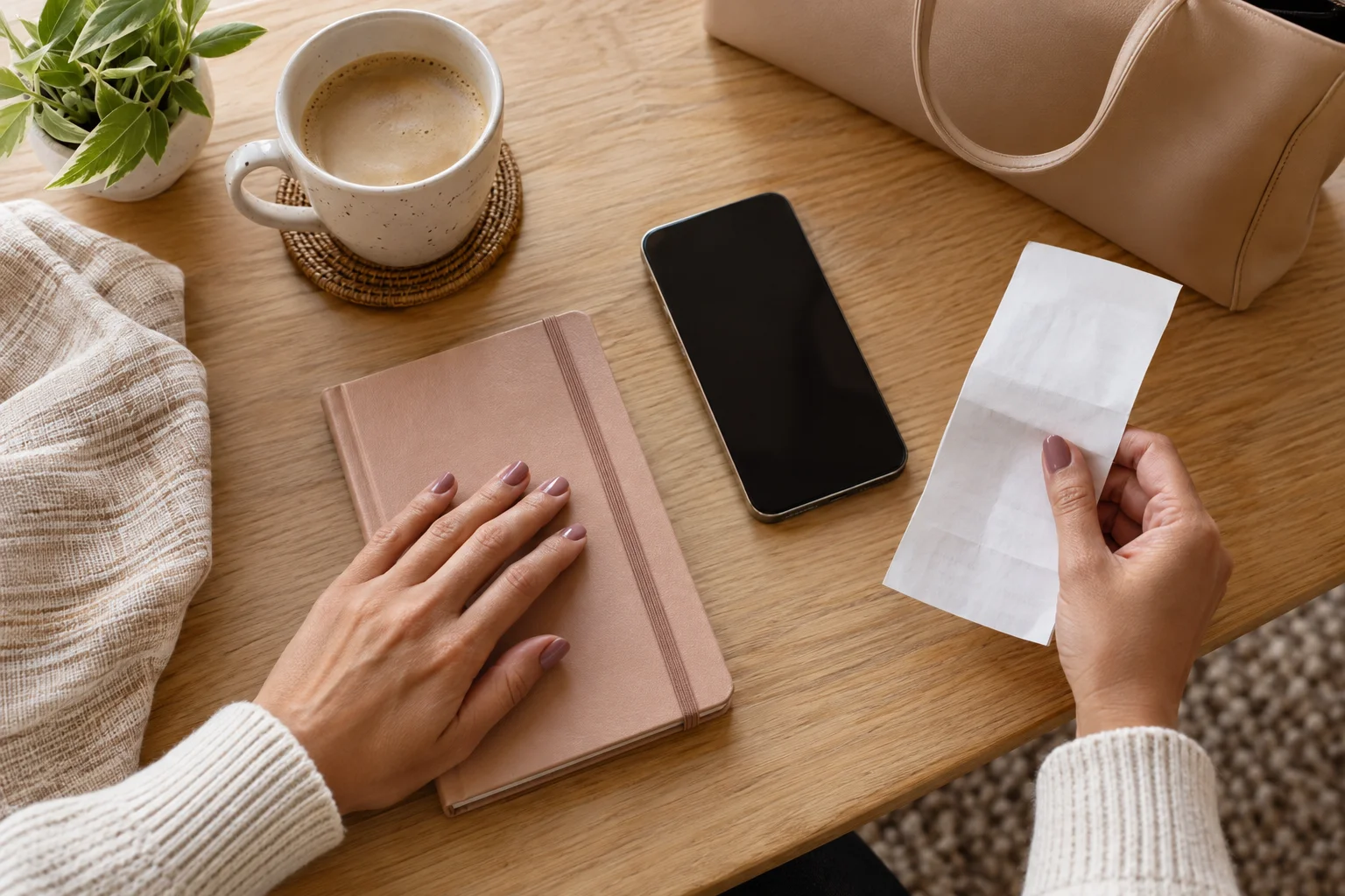 Illustration of appointment preparation with a phone, notebook, and folded receipt.