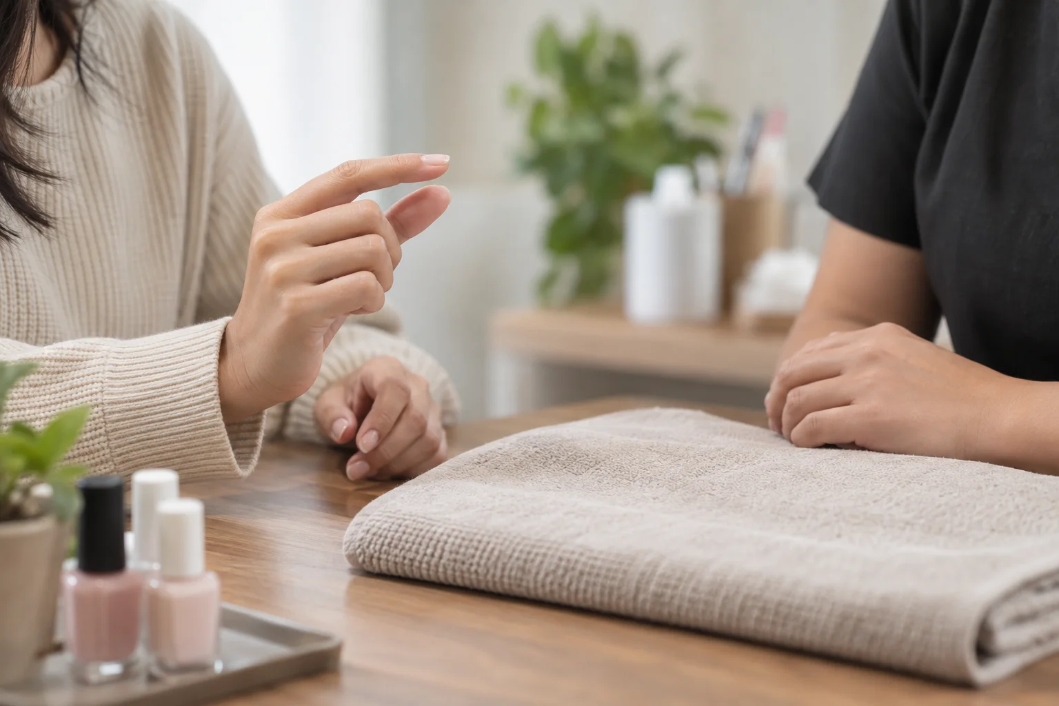 Illustration of a customer explaining a preferred nail length during a consultation.