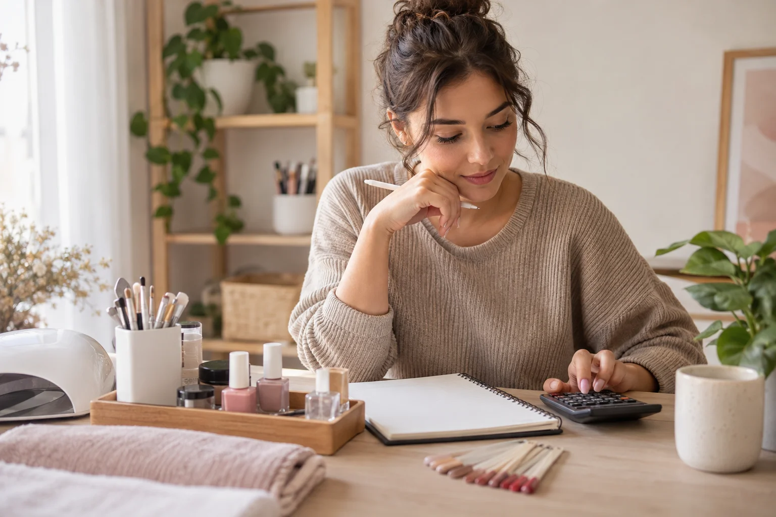 Illustration of a nail artist reviewing costs at a manicure workstation.