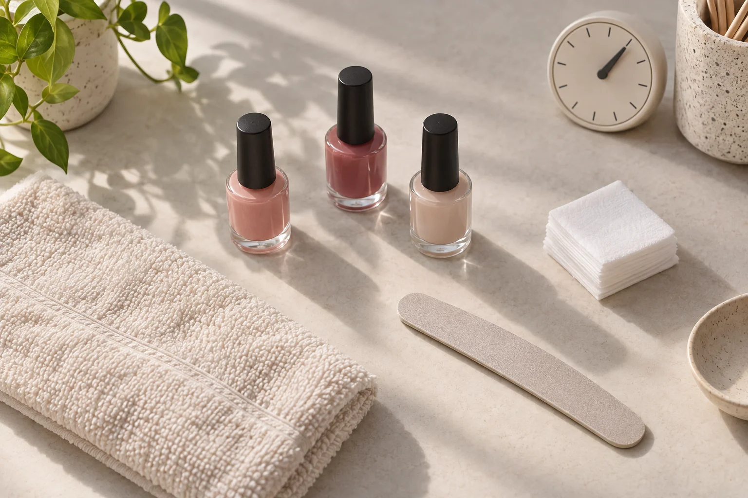 Illustration of manicure supplies arranged for appointment preparation.