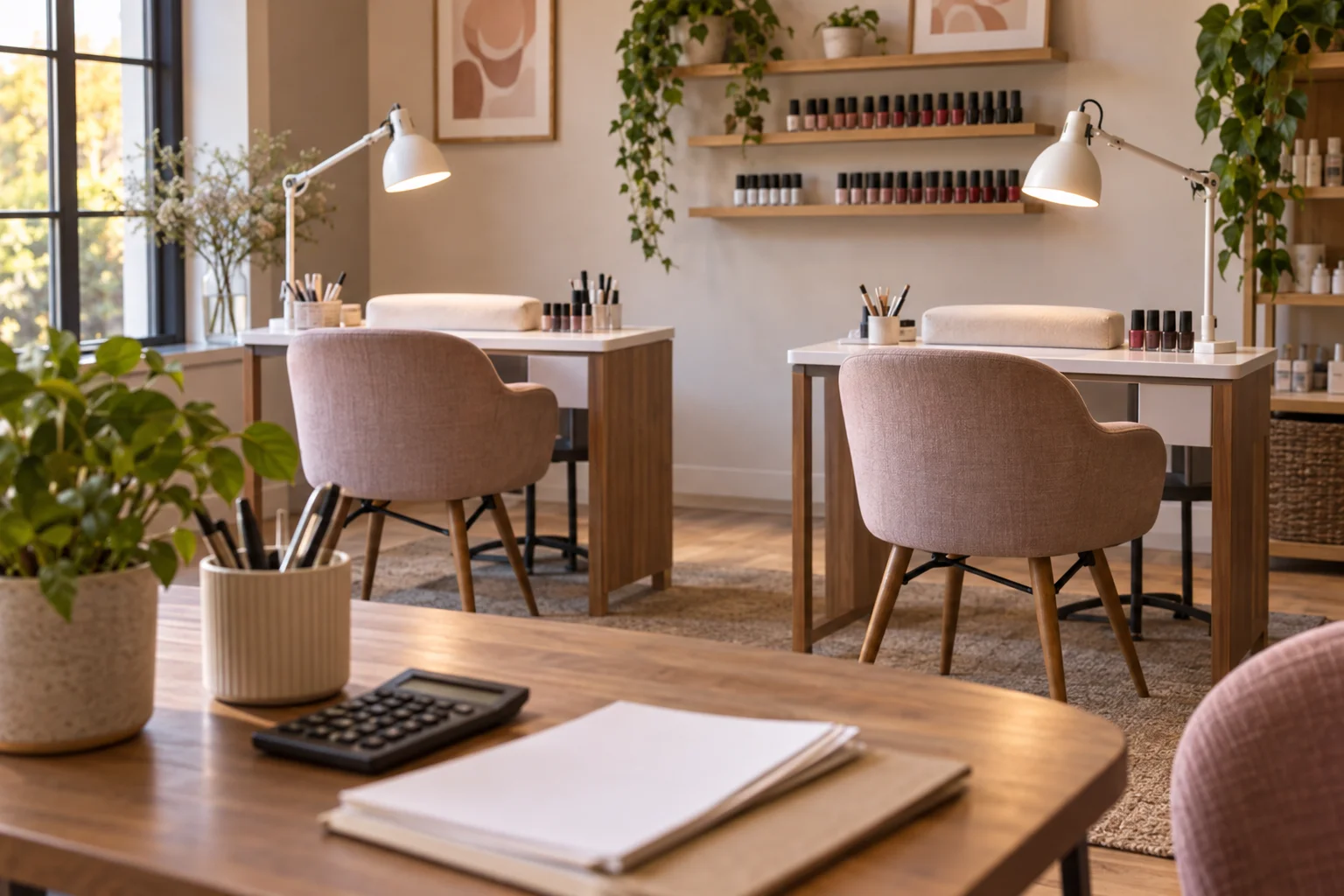 Illustration of empty manicure workstations beside a planning desk.