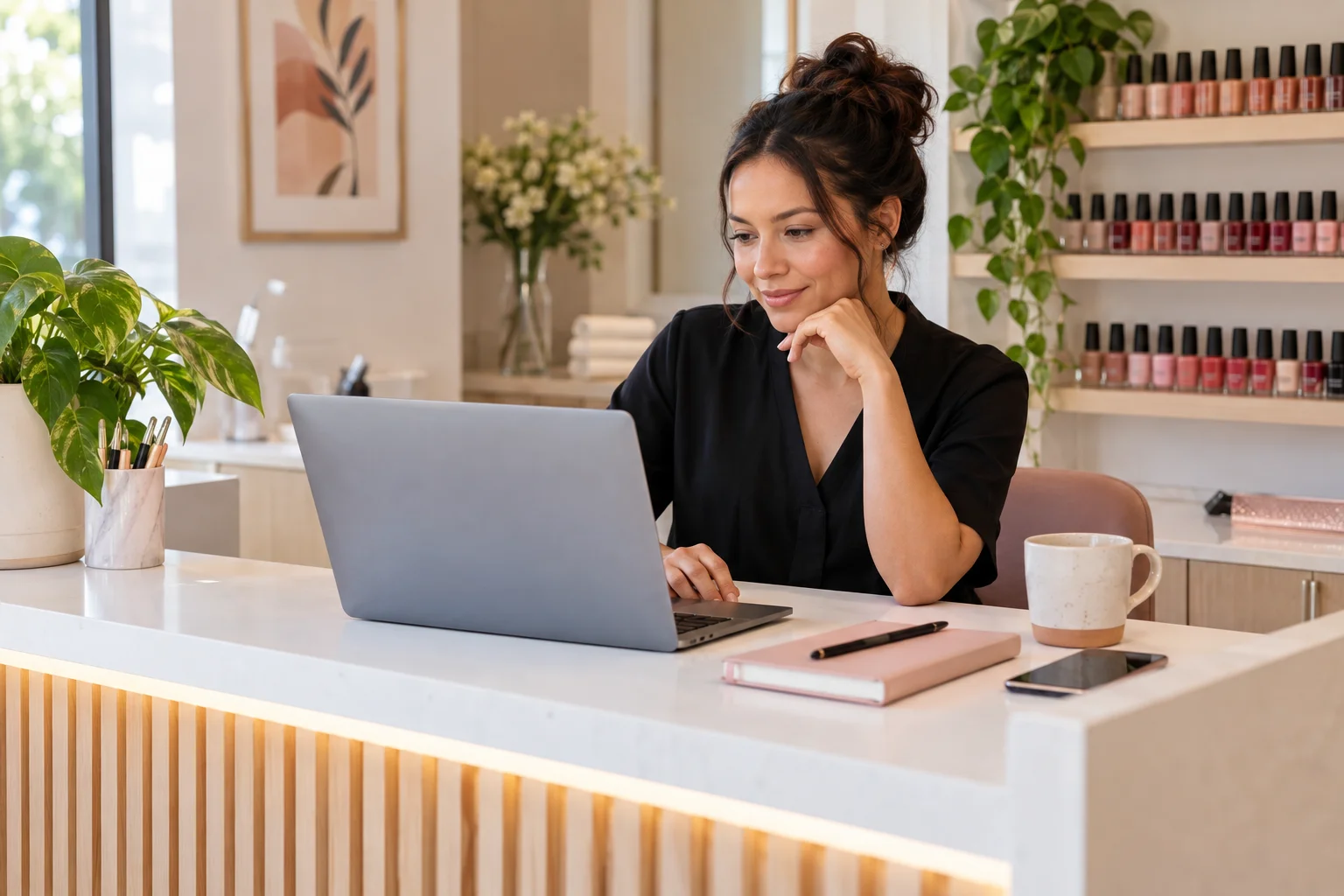 Illustration of a salon manager reviewing business information at a reception desk.