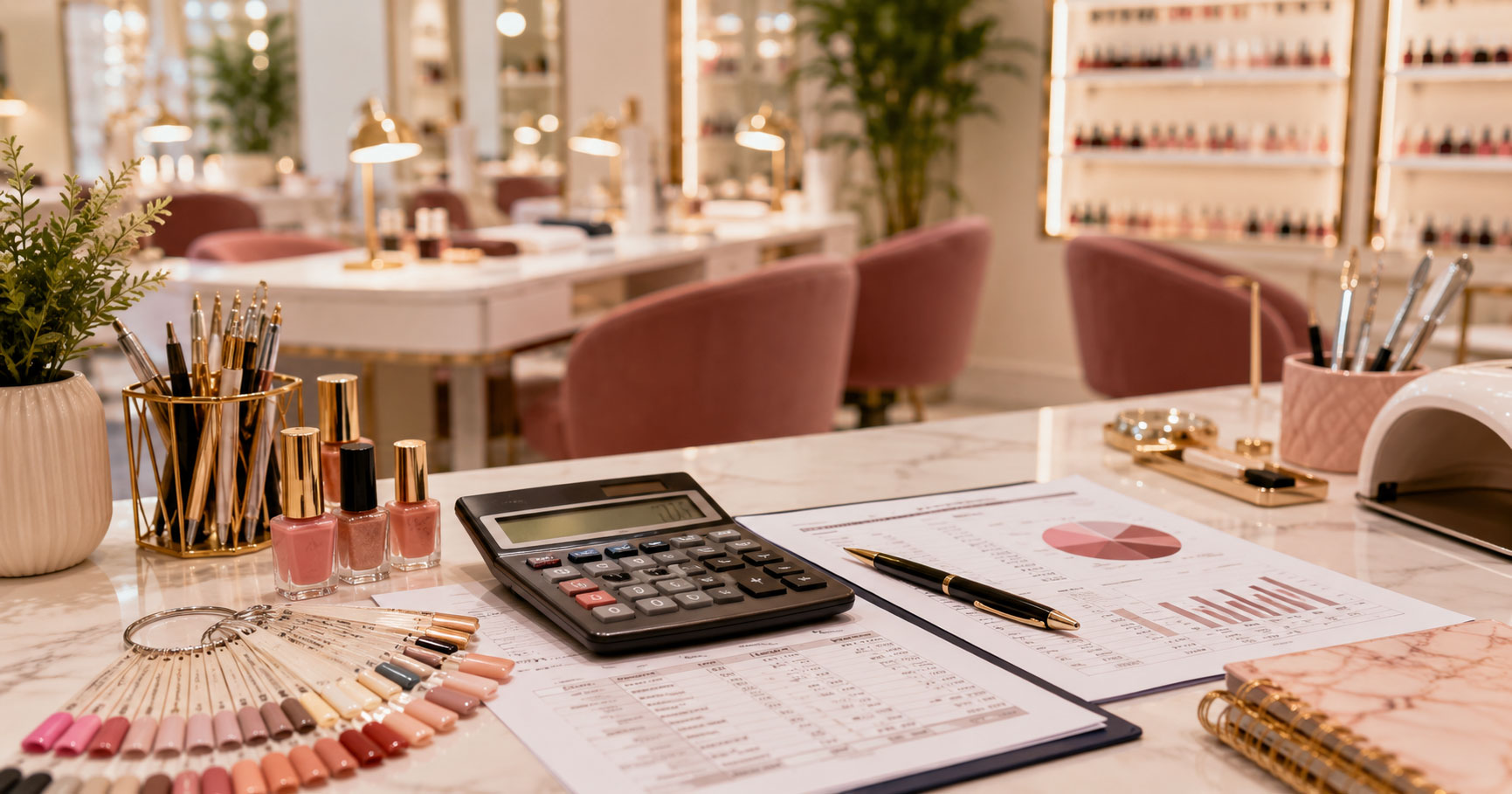 Nail salon startup budget checklist with calculator inside a modern salon