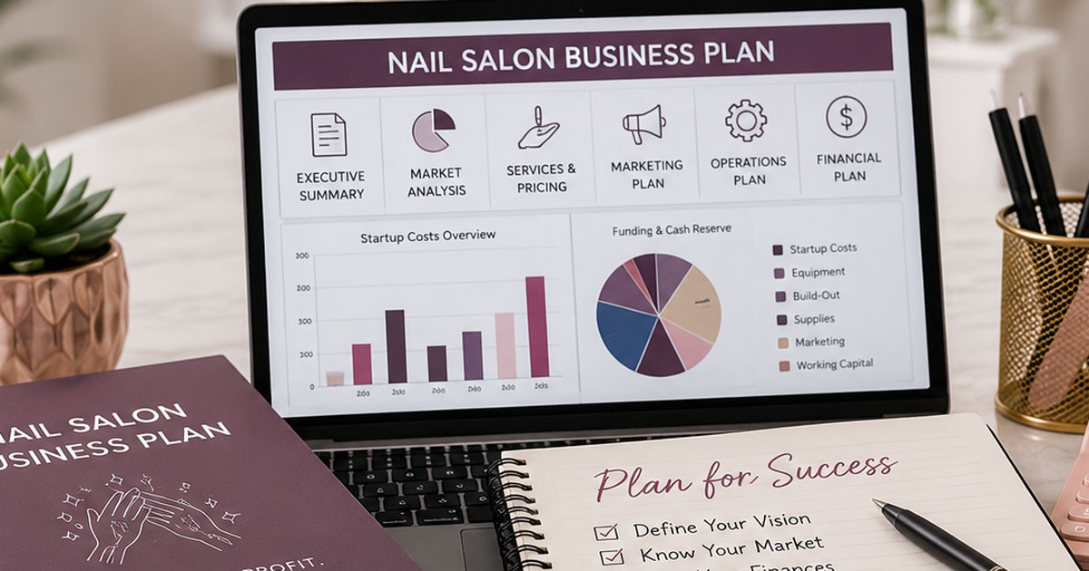 Nail salon business plan workspace with financial charts, planning checklist, and salon supplies
