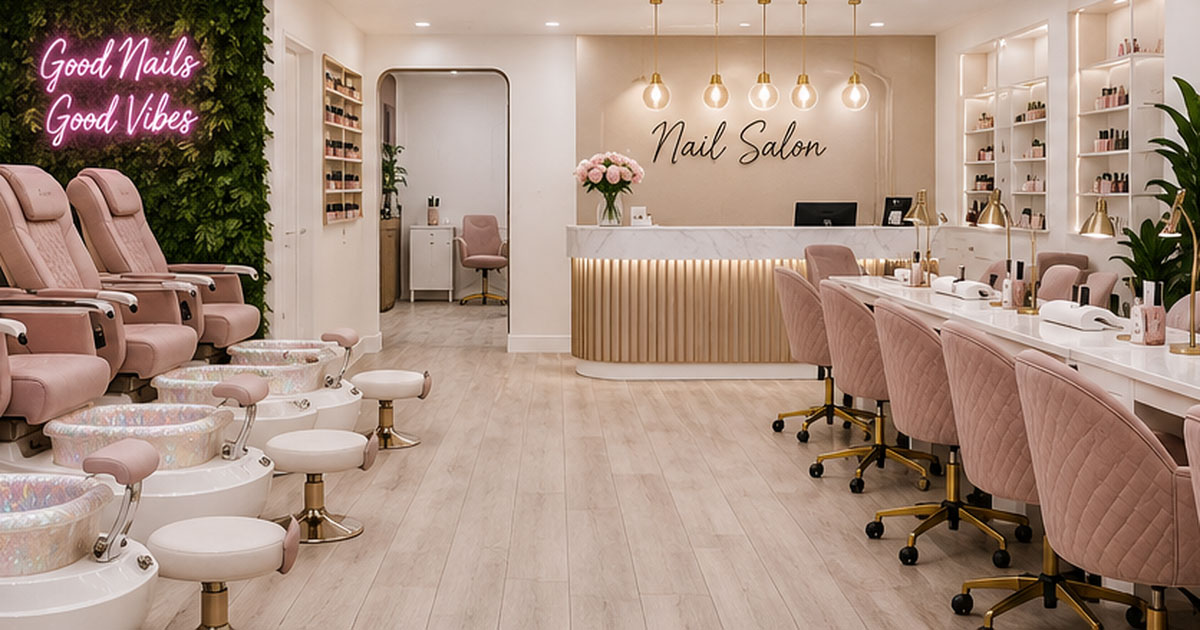 Modern pink and gold nail salon interior with manicure stations and pedicure chairs
