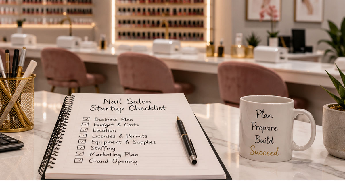 Salon owner startup checklist on a desk inside a modern nail salon