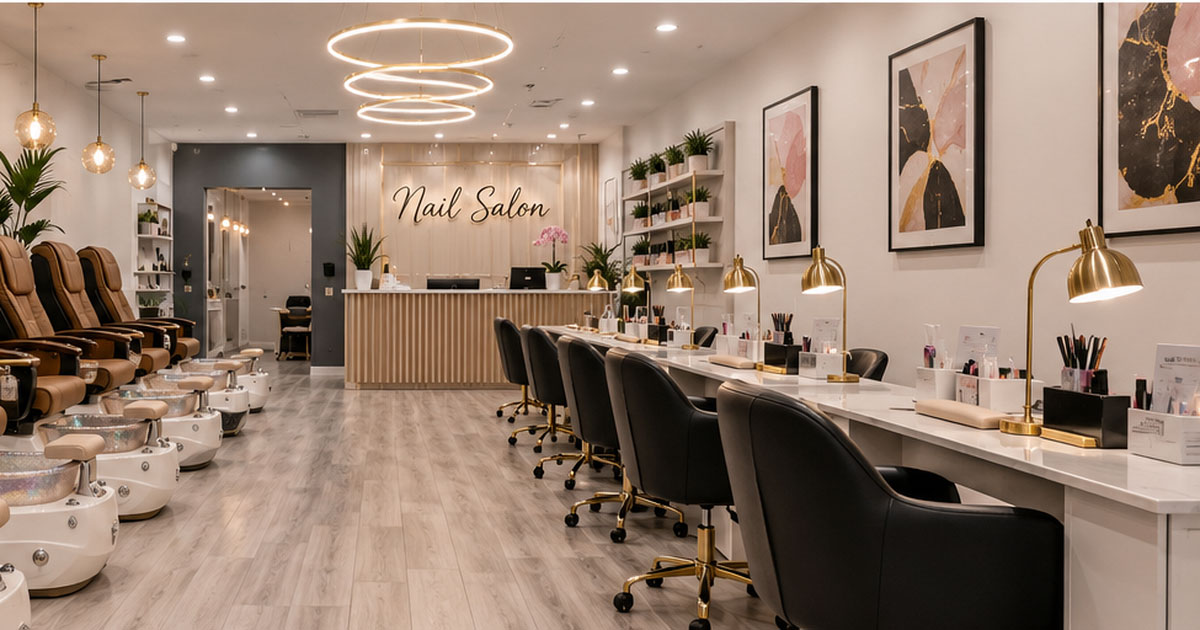 Modern nail salon interior with manicure stations and pedicure chairs for new salon owners